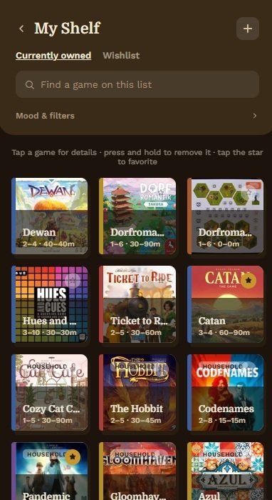GameSquire's My Shelf screen on mobile, showing the Mood & filters toggle above a grid of real board game covers, several tagged Household.